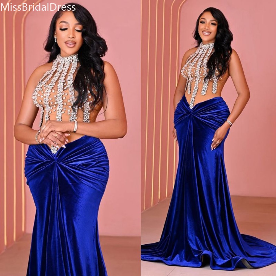 African Plus Size Prom Dress 2026 Mermaid Evening Dresses Formal Gowns Women High Neck Velvet Beaded Crystals robe de soiree mariee luxe 1208 New