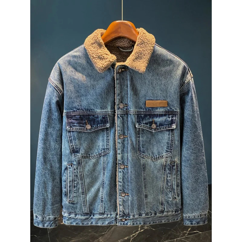 Thick denim jacket with added fleece for mens winter warmth mens clothing American retro plus collar jacket 251205