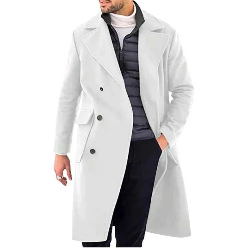 Male Solid White Khaki Black England Style Woolen Pocket Overcoat Men Thick Long Coat Casual Winter Fashion Business Warm Jacket M251208