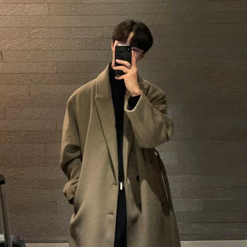 Winter Korean Style Mens Mid-length Woolen Coats Germanism Vintage Loose Light Overcoat Casual Long Sleeve Jackets M-3XL M251208