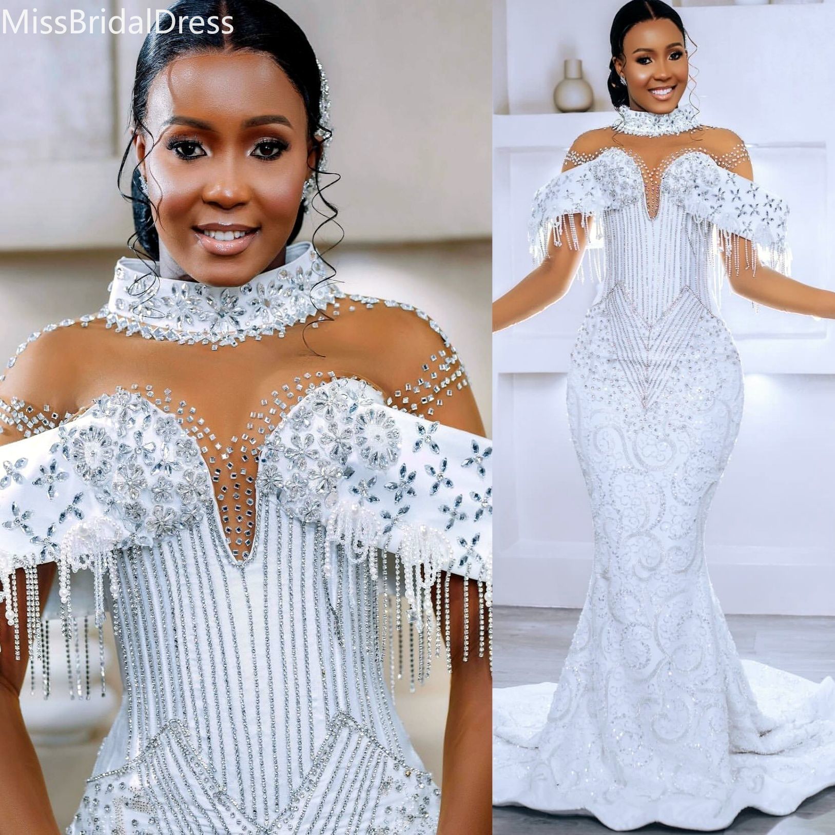 Arabic Aso Ebi Plus Size Off White Mermaid Wedding Dresses Crystals Beaded Sequined Lace Luxurious Vintage Bridal Gowns Dress For Bride 1208 New