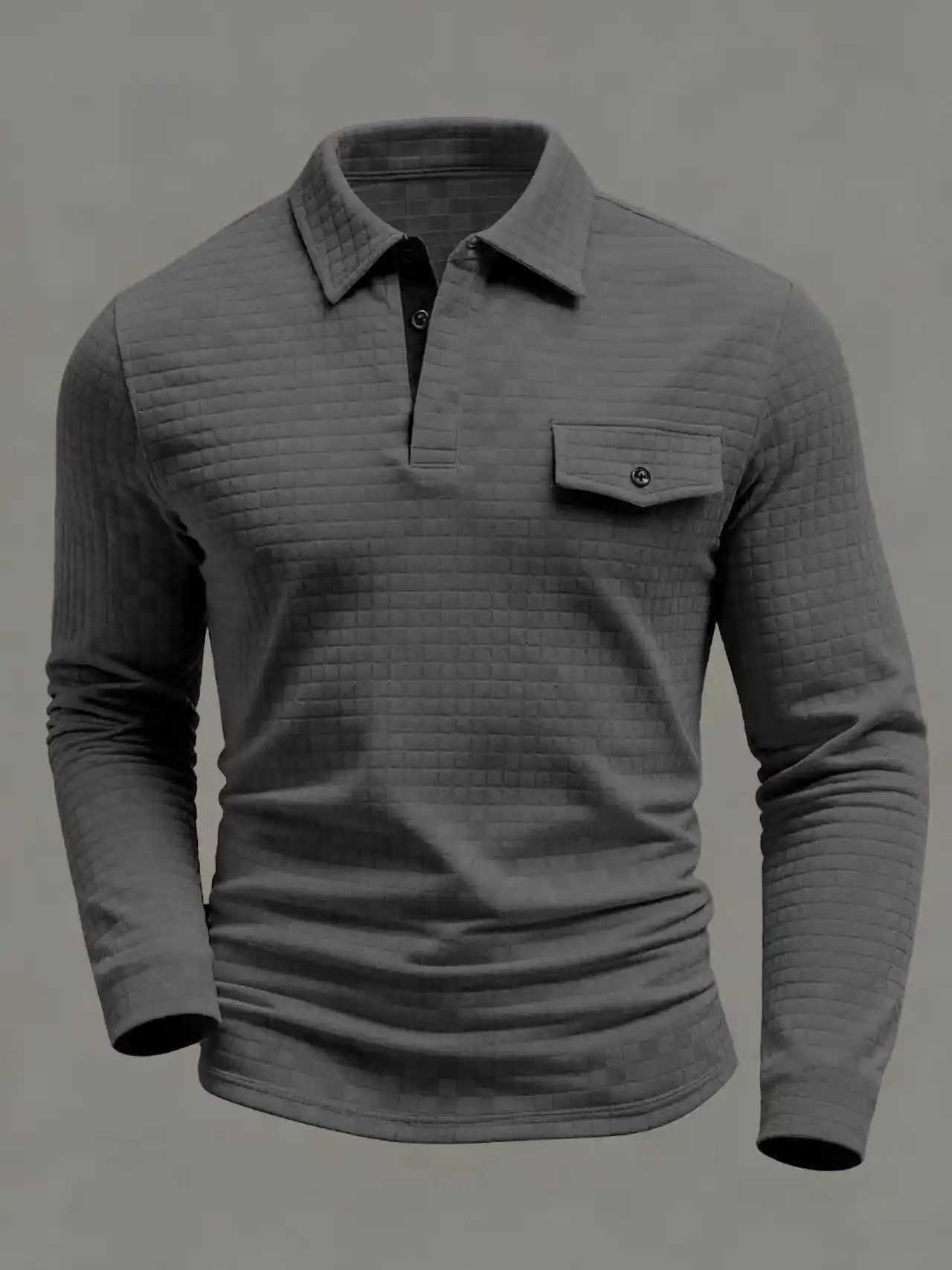 Spring Autumn Mens Classic Polo Shirt - Daily Casual Design with Chessboard Pattern Patch Pockets on the Collar and Long Sleeve W251208