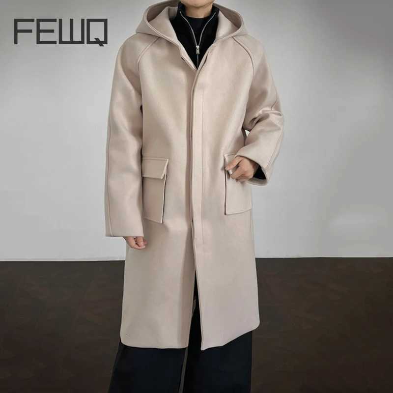 FEWQ Korean Style Mens Woolen Overcoats Hooded Solid Color Thickened Single Breasted Lager Pockets Male Coats Autumn 24K6060 M251208
