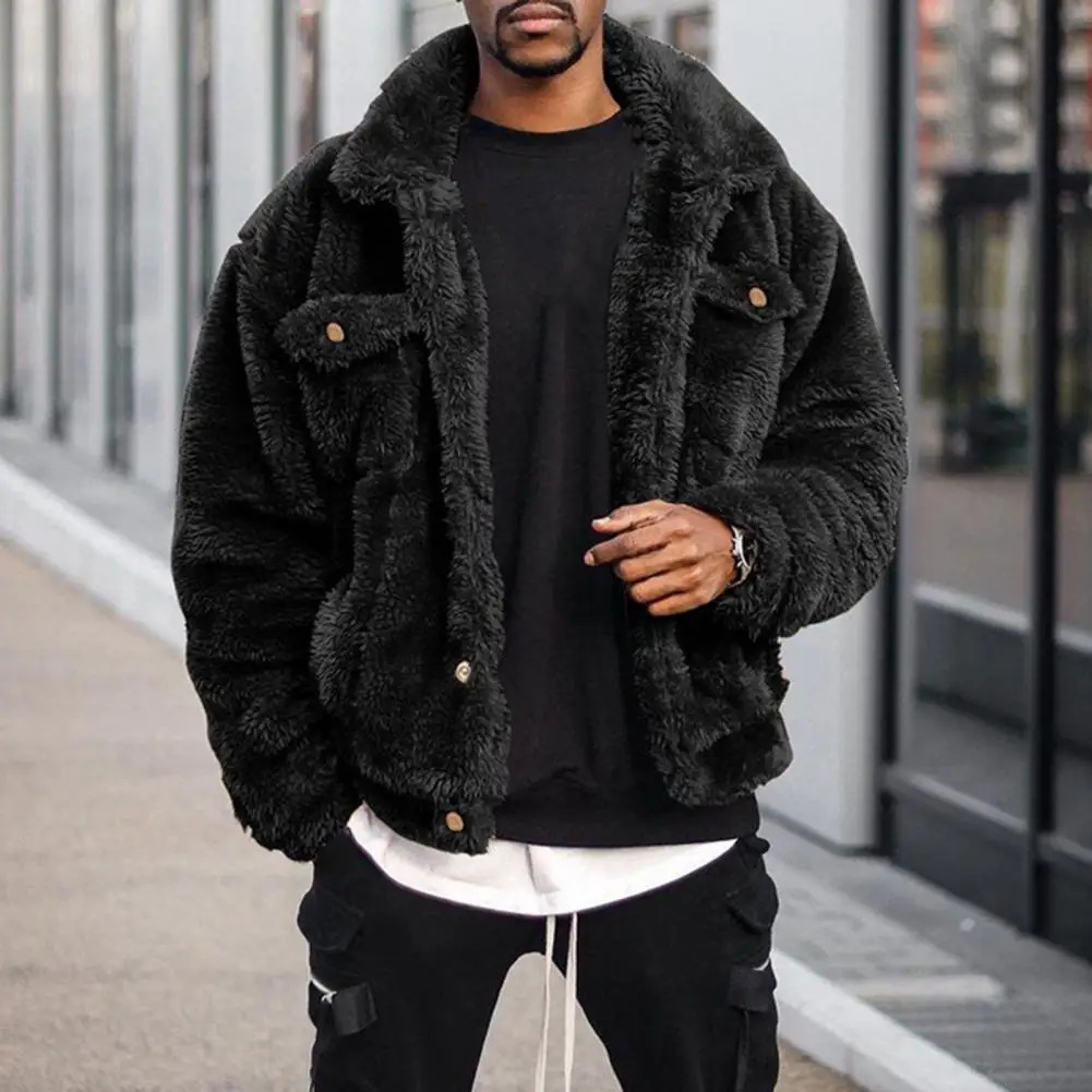 Leisure Men Coat Cozy Winter Jacket Thermal Chest Pockets Jackets Thickened Velvet Men Jacket Plush Fluffy Hip-hop Style Jacket 251205