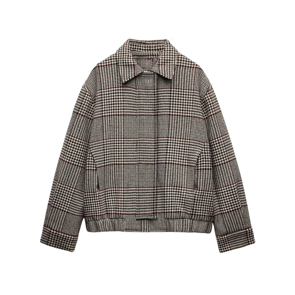 Autumn Womens Casual Series Commuter Versatile Blended Checkered Collar Long Sleeve Pilot Jacket Coat 251205