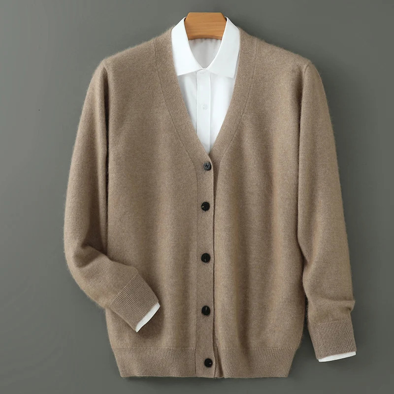 Autumn Winter 100 Mink Cashmere Cardigan Mens V-Neck Tops Knitted Sweater Loose Large Long Sleeved Shirt Thickening Jacket 251205