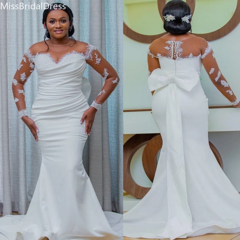 Arabic Aso Ebi Plus Size Off White Mermaid Wedding Dresses Pearls Beaded Bow Satin Sheer Neck Bridal Gowns Dress For Brides 1208 New
