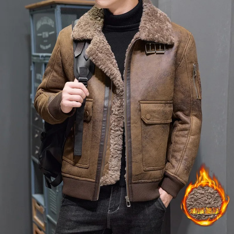 Winter Mens Casual Plush Jacket Solid Color Zipper Wool Warm Long Sleeve Turn-down Collar Coat Genuine leather Wool Jacket 251203