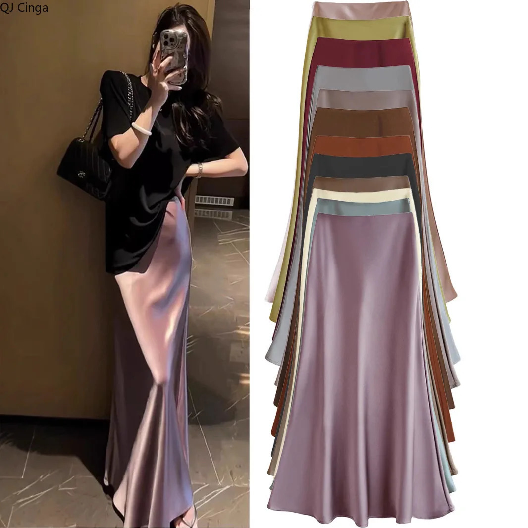 French Style Chic Womens Acetic Acid Satin Flowy High Waist Hip Hugging Skirt for SpringSummer Fishing Tail Skirt A-line Skirt 251205