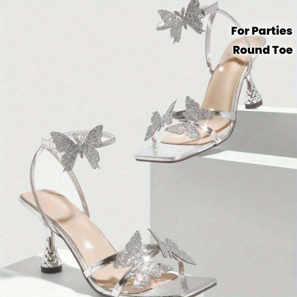 Elegant Silvery Sandals Women - Round Three-Dimensional Flower Design, High Heel, Pointed Toe, Buckle Closure, Non-Woven Fabric Upper, Perfect For P