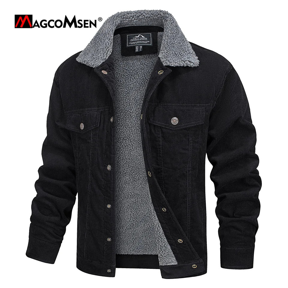 MAGCOMSEN Mens Corduroy Jackets Vintage Sherpa Fleece Windbrekaer Thick Warm Winter Coats Multi-Pockets Casual Denim Jacket 251205