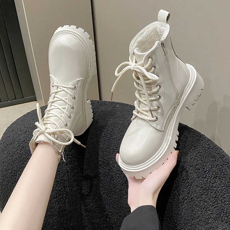 Womens Boots Autumn/Winter British Style Plush Fashion Thick Bottom Motorcycle Boots Lace Comfort Zipper Snow Boots 251204