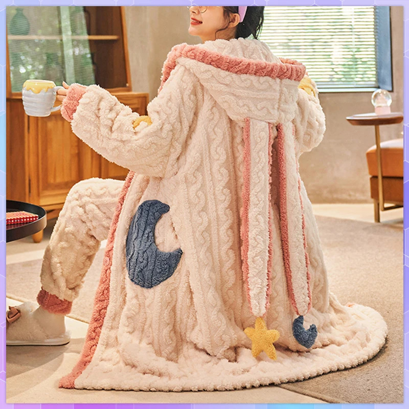 Thicker Womens Pajamas Warm Sweet Hooded Nightgown Winter Flannel Kawaii Home Clothes Female Cute Soft Chic Robes 2XL 251129