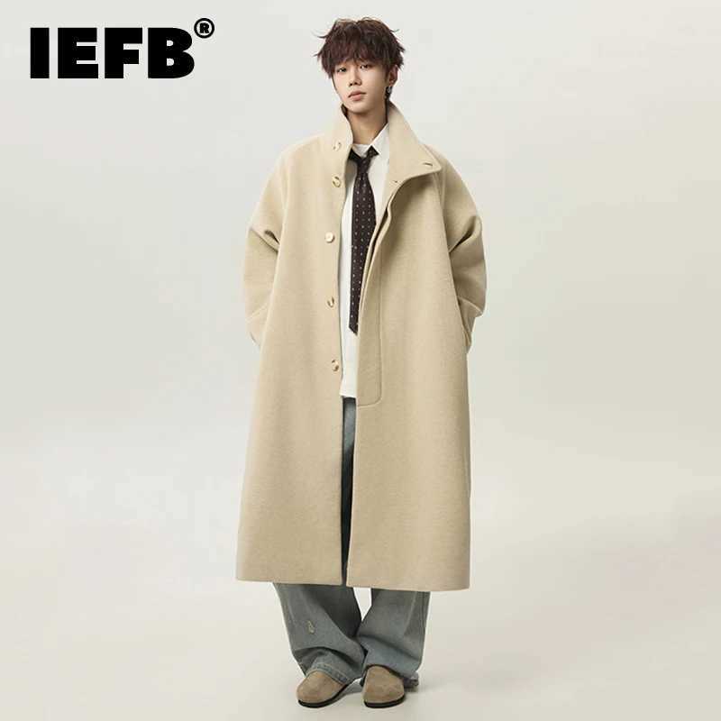 IEFB New Simple Mens Woolen Coat Solid Color Stand Collar Casual Overknee Single Breasted Loose Male Wool Overcoats Chic 9X1515 M251208