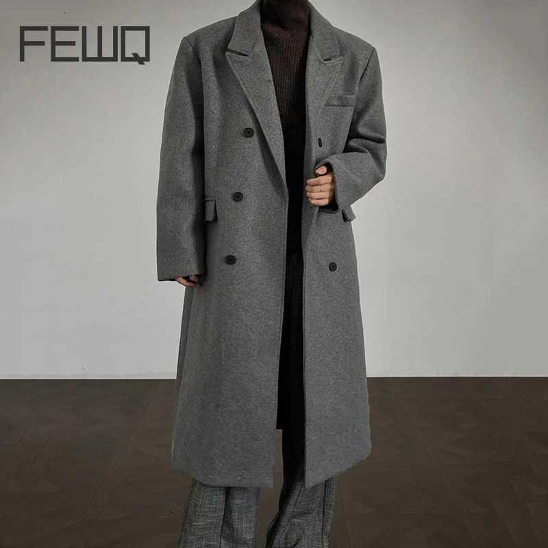FEWQ Korean Style Woolen Coat Lapel Solid Color Overknee Casual Shoulder Padded Double Breasted Loose Male Overcoats 24K6059 M251208