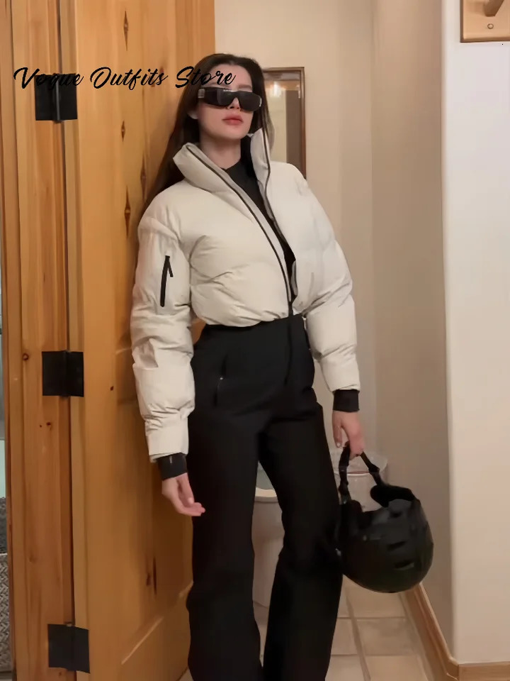 Fashion Cotton Jumpsuit Ski Suit Women Stand Collar Zipper Full Sleeve Warm Wide Leg Jumpsuits Winter Lady Street Skiwear 251204