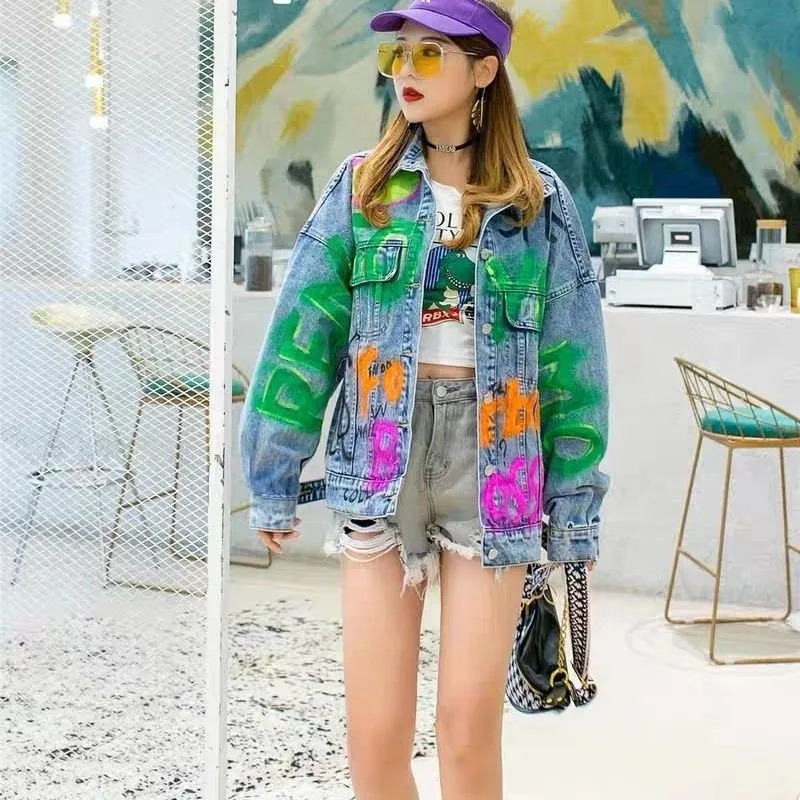Womens Clothing Denim Coat Autumn Loose Blue Jean Jacket Woman Short Korean Heavy Duty Retro Thailand Graffiti Versatile 251201