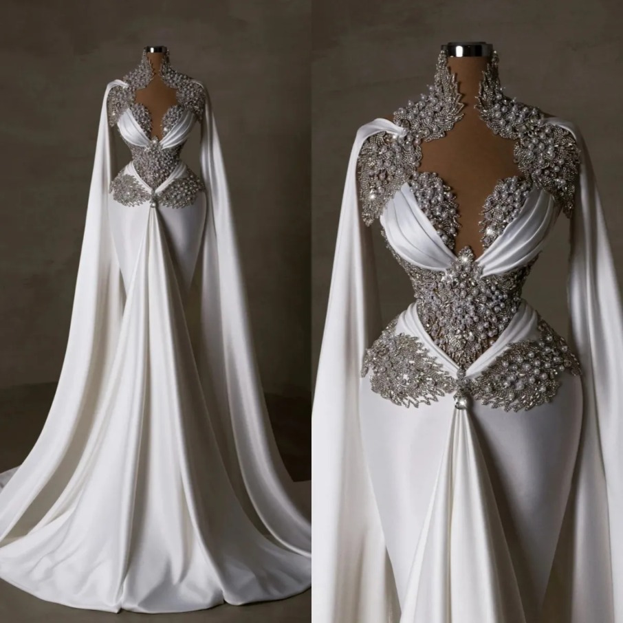 Gorgeous More Pearls Wedding Dress for bride Pearl Crystal Beaded Mermaid Bridal Gowns with Cape Sleeve Bride Dresses Custom Made Plus Size 1208