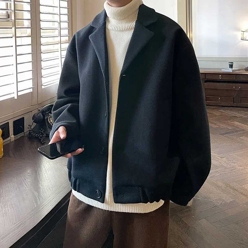 Spring Autumn New Male High Street Trendy and Handsome Suit Collar Woolen Coat/Mens Loose Solid Color Casual Long sleeved Coat M251208