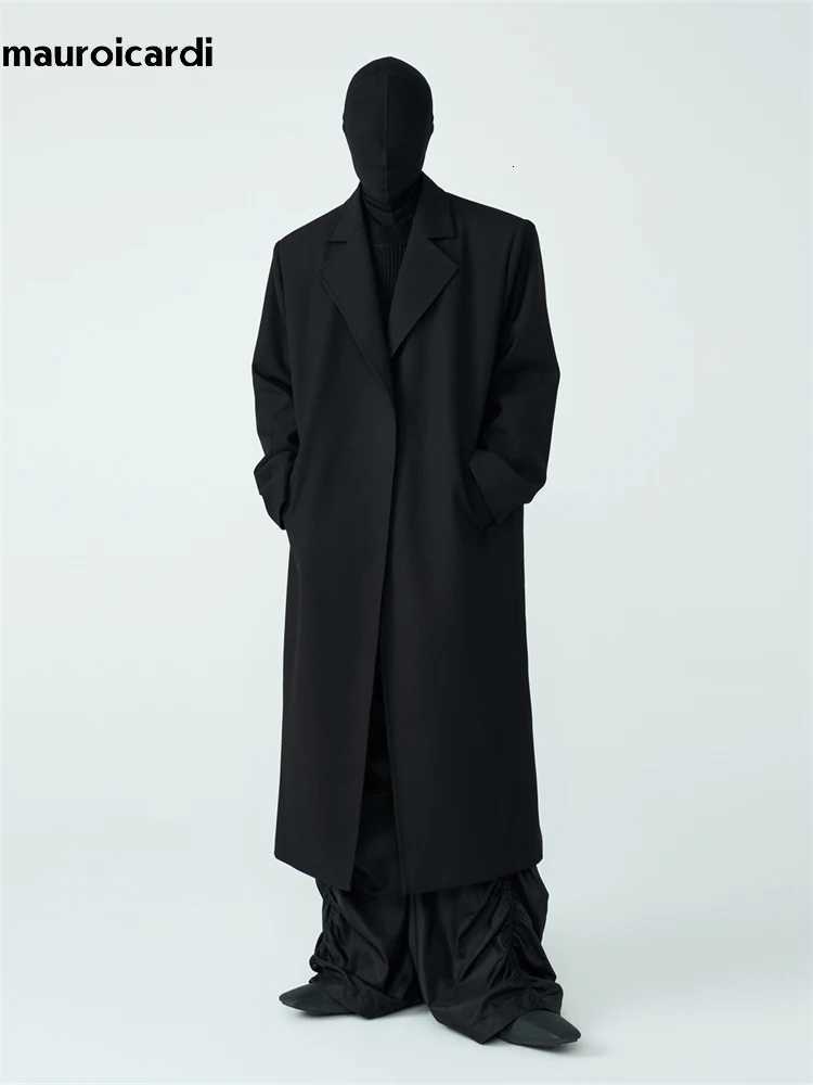 Mauroicardi Autumn Winter Cool Long Black Thick Warm Loose Casual Soft Wool Blends Coat Men with Shoulder Pads No Buttons 2023 M251208