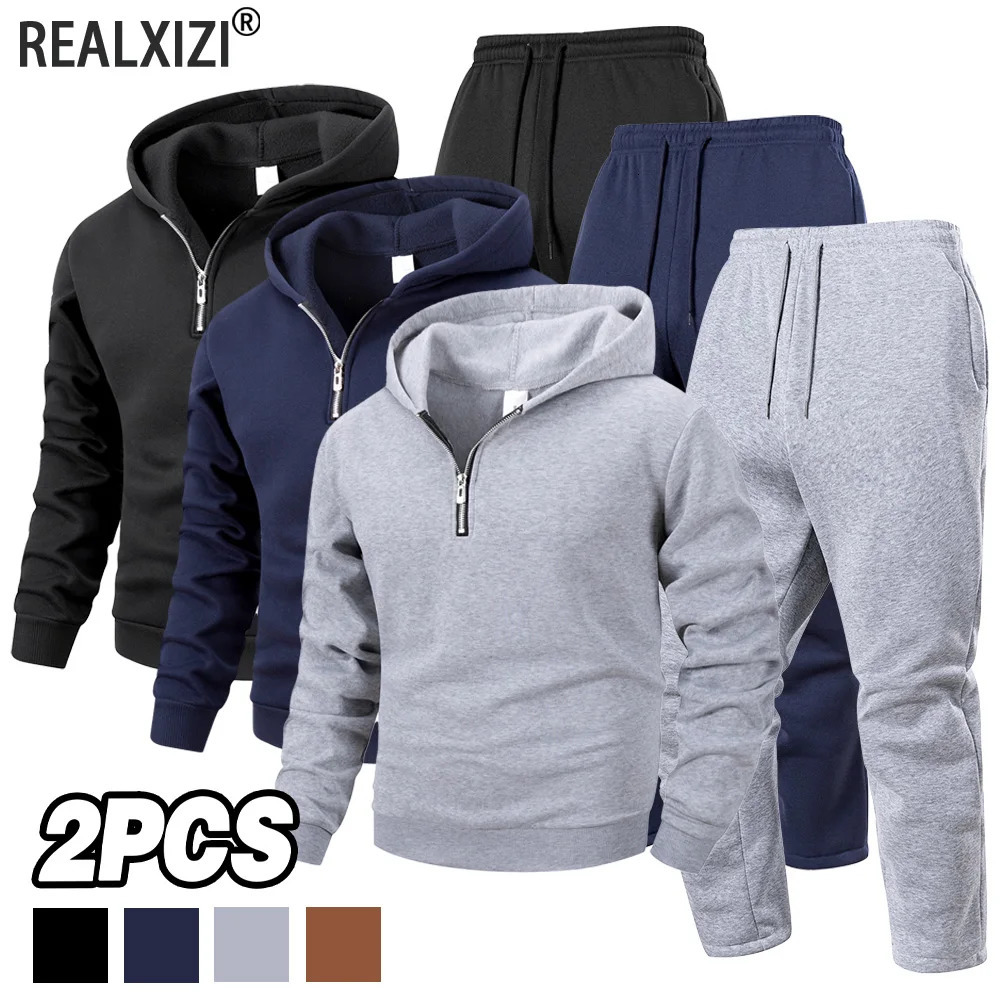 Mens Tracksuit Half Zipper Hoodie Trousers 2-piece Set Autumn Winter Casual Sportswear Solid Color Daily Sweatshirt Pants 251205