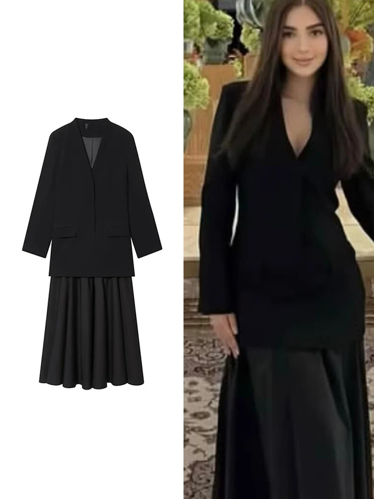 Elegant Women Spliced Blazer Dresses V Collar Long Sleeve Vintage Black Midi Dress Female Autumn Slim Fit Commuting Clothes 251204