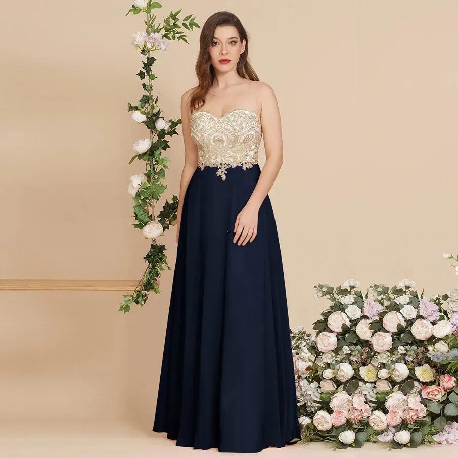 Elegant Chiffon Wedding Party Dress Illusion Sweetheart Gold Lace Applique A Line Long Bridesmaid Dresses Formal Evening Gowns CPS620