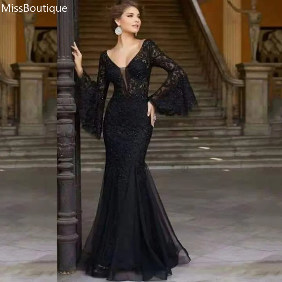 Black Sequins Mermaid Prom Spaghetti Straps Ruffles Skirt Long Formal Party Dresses Backless Evening Pageant Gowns Cheap robe de soiree mariee luxe