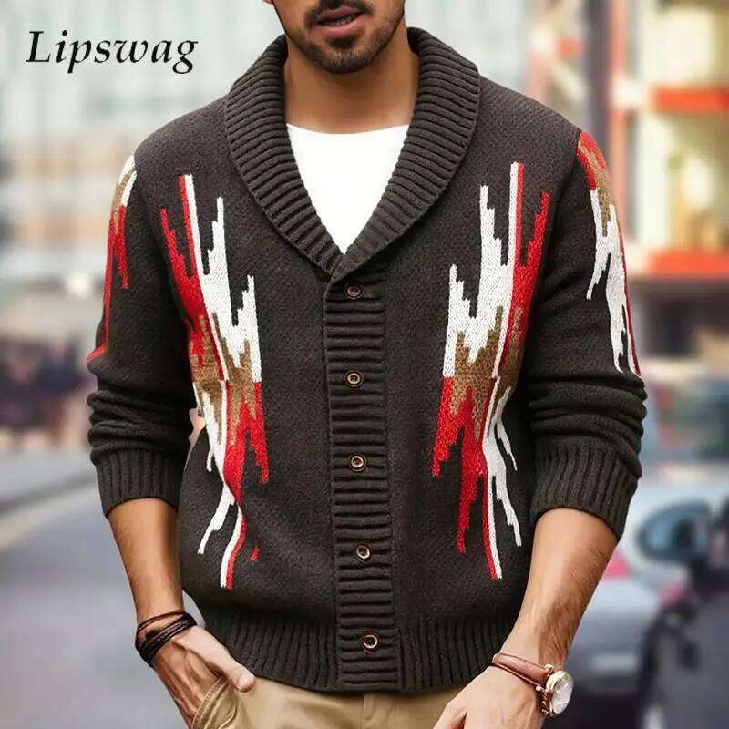 Vintage Geometric Sweater Jacket Mens Thickened Knitted Sweatercoats Autumn Winter Outdoor Casual Men Knit Cardigans Streetwear