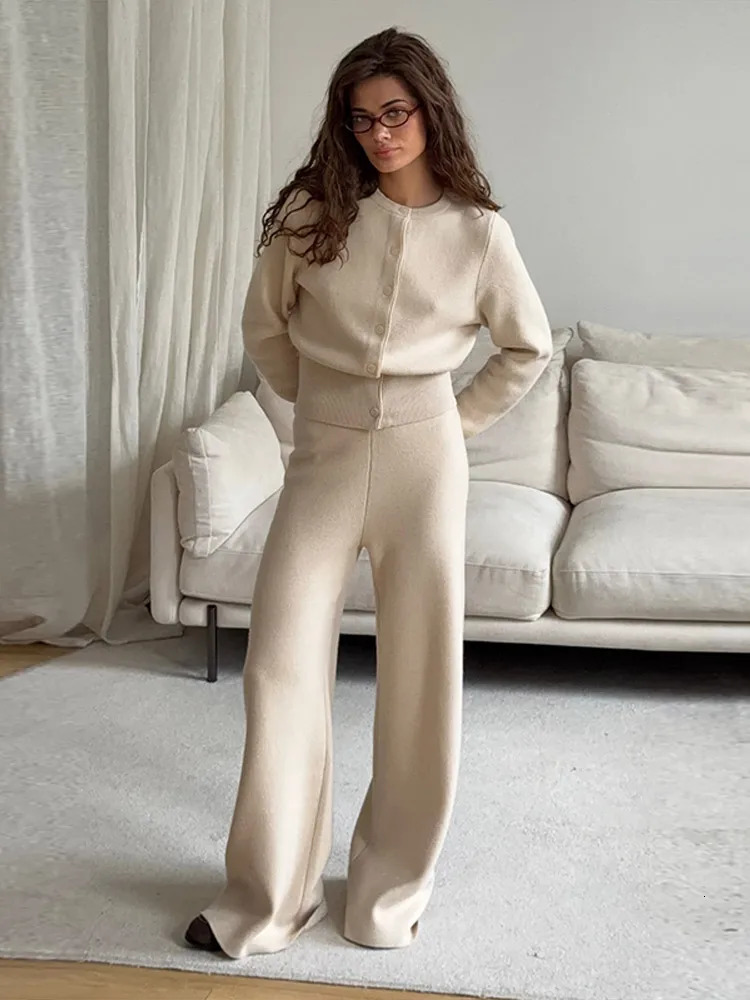 Womens Spring Knit Cardigan Pants Set Slim Fit Long Sleeve Trousers Simple Solid Color Sweater Suit Female Outfit 251205