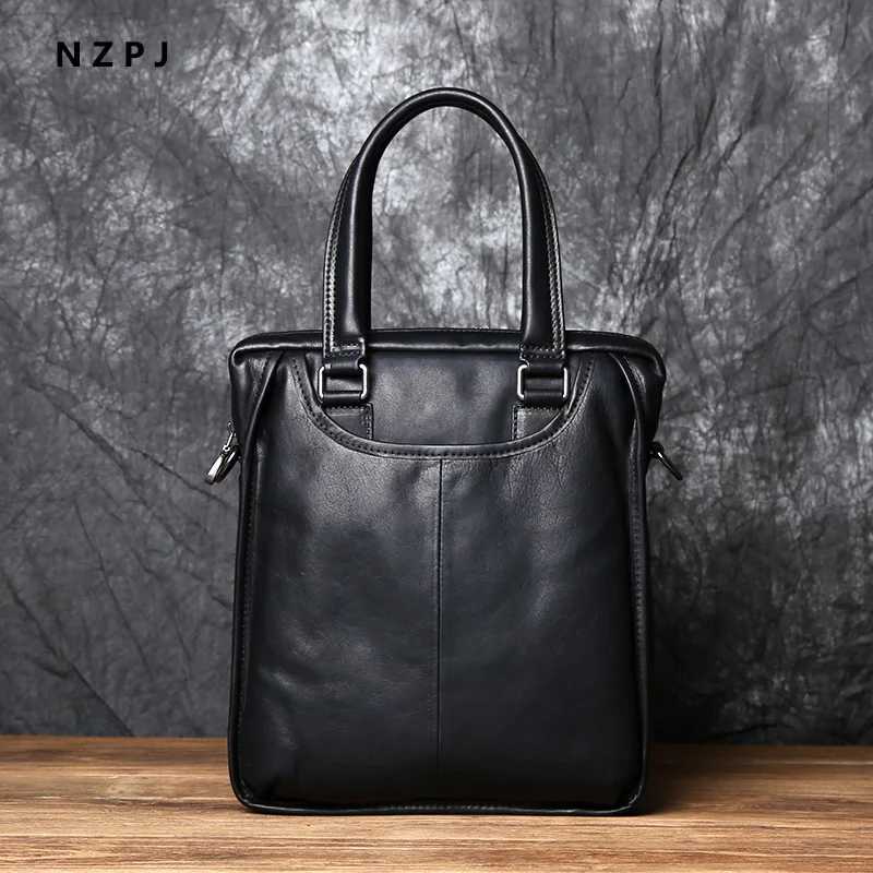 NZPJ Mens Leather Business Handbag Top Layer Cowhide One Shoulder Messenger Bag Vertical Office Computer Bag Simple Briefcase Z251208