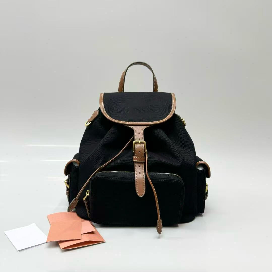 Designer Canvas Backpack with Multiple Pockets Large Capacity Student School Bag Women's Versatile Shoulder Bag Drawstring Commuter and Travel