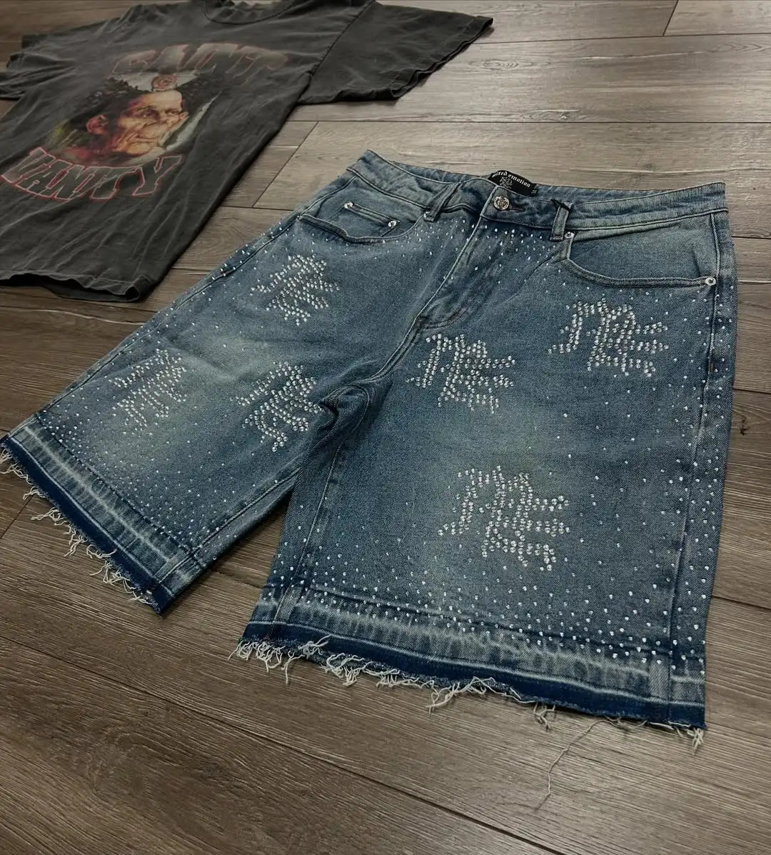 Streetwear Mens Vintage Rhinestone Sequin Denim Shorts Y2K Jeans Hip Hop Baggy Denim Gym Shorts Casual Shorts 251205