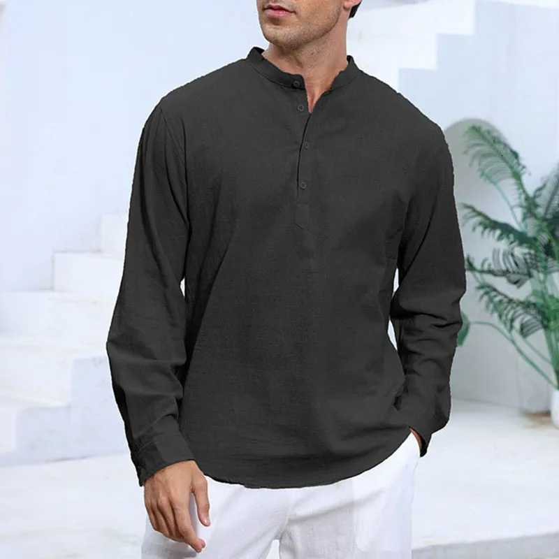 Mens Cotton Linen T-shirt Long Sleeve Solid Color Lightweight Breathable Henley Neck Casual Button Top Classic Male Polo Shirt W251208