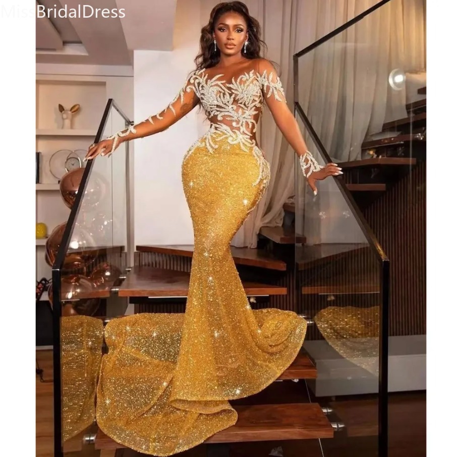 Sparkly Gold Sequins Prom Dresses Crystals Sweep Train Custom Made Sheer Neck Evening Gown Formal Occasion Wear robe de soiree mariee luxe 1208 New