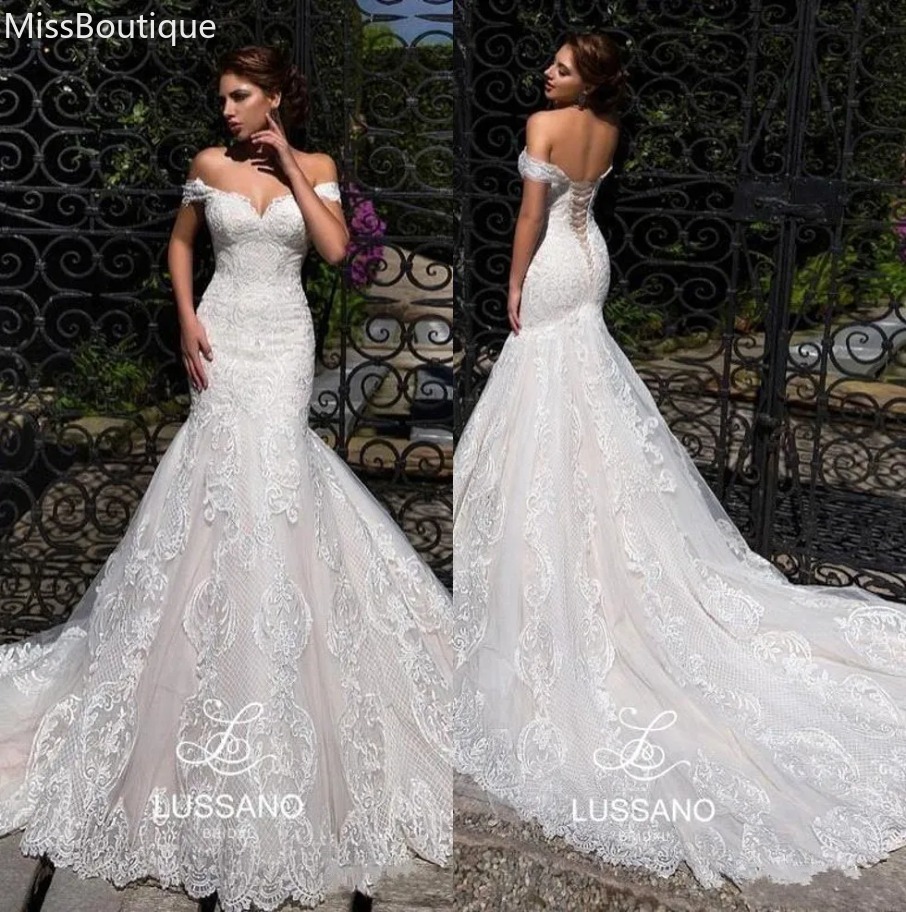 Off The Shoulder Full Lace Mermaid wedding dress for bride Tulle Applique Sweep Train Plus Size Wedding Bridal Gowns With Lace up Back BM0843 1208
