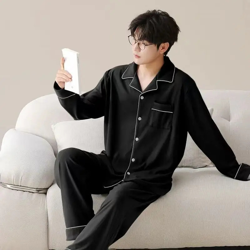 Plus-Size Solid Color Pajamas for Men Spring and Autumn Casual Long-Sleeved Cardigan Large Size Loose Simple Autumn and Winter Home Wear 251204