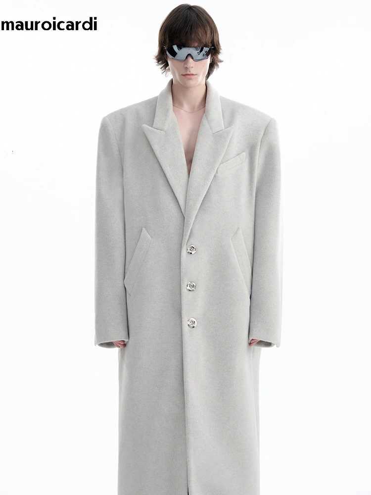 Mauroicardi Autumn Winter Oversized Extra Long Warm Black Wool Blends Coat Men Designer Floor Length Woolen Overcoat 2024 M251208