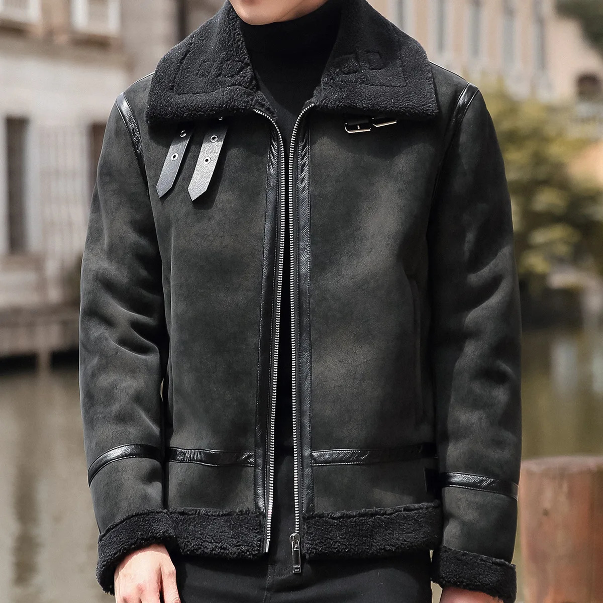 Fashion Solid Slim Korean Style Leather Coat Fleece Jacket Men Leather Jacket Winter Faux Fur Collar Windproof Warm Clothing 251205BJ