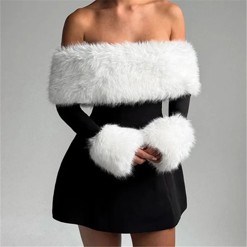 hirigin Abito da donna con spalle scoperte in pelliccia e mini abito a linea elegante da donna a maniche lunghe bianco soffice abito da festa di Nat
