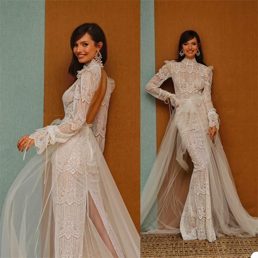 Boho High-slit Backless Overskirt Mermaid Wedding Dresses Applique Lace Bow Beach Bridal Gown High-neck Long Sleeve Sweep Train Bridal Dress 1208