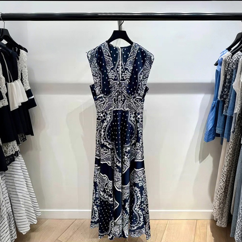 Sa/n/d * ro2026 summer new item light mature style printed high drawstring V-neck sleeveless vest symmetrical dress for women