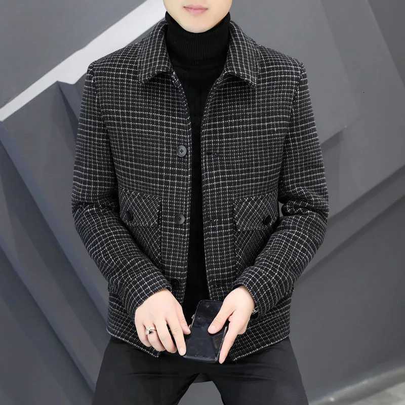 Turn-Down Collar Small Plaid Outerwear New Woolen Coat Jacket for Men with Inner Pocket for Autumn and Winter M251208