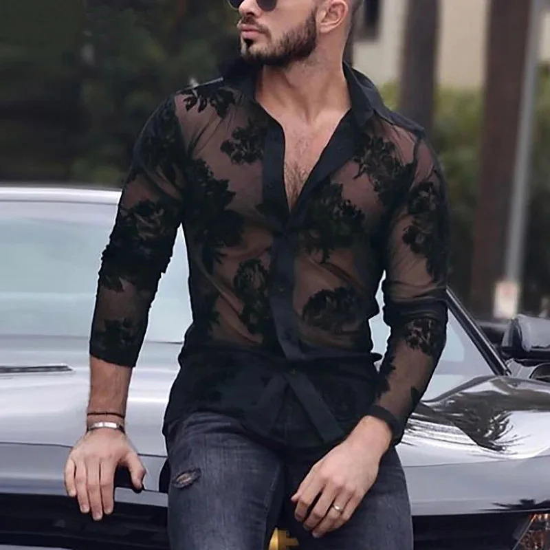 Fashion Spring and Autumn Mens Breathable Lace Long Sleeve Mesh Shirt Transparent Party Sexy Mesh Trendy Shirt camisas 251205
