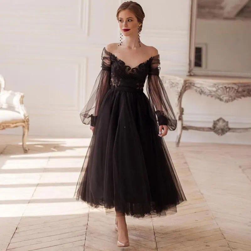 A Line Prom Dress, Prom Dress Tulle: Modern Black Off-the-Shoulder Evening Gown with Lace Appliques, Puffy Sleeves, and Tea Length Skirt - Perfect P