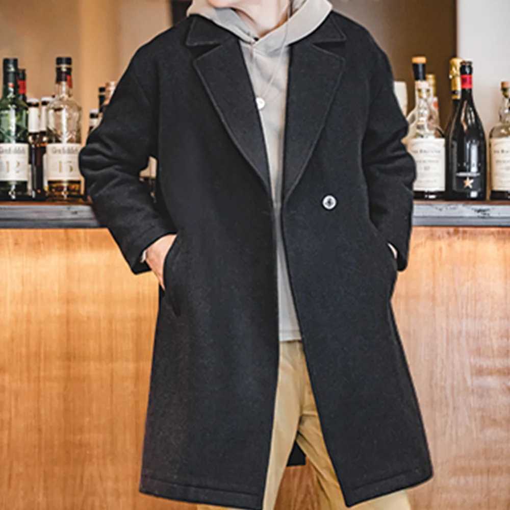 Maden Mens Vintage Heavyweight Black Woolen Overcoat Fall and Winter Season Thickened Loose Medium-length Versatile Coat M251208