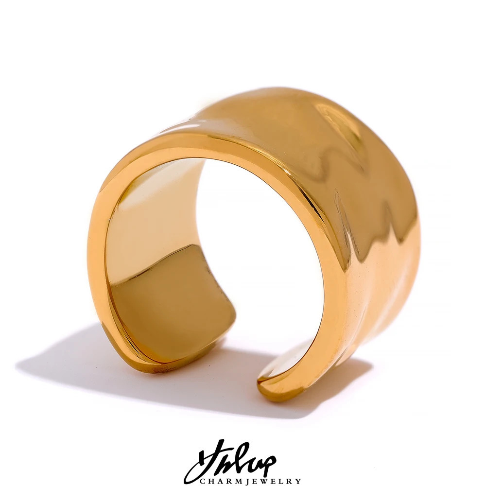 Yhpup Top Quality Geometric Wide Stainless Steel Ring 18K Gold Color Waterproof Fashion Minimalist Statement Charm Jewelry Women 251202