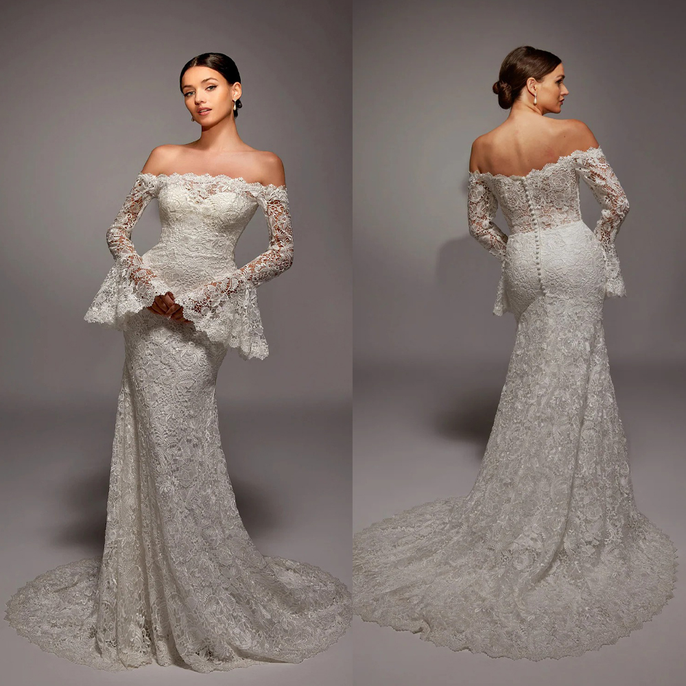 Classic Mermaid Wedding Dress Off Shoulder Long Sleeves Bridal Gowns Lace Sweep Train Dresses Custom Made vestidos