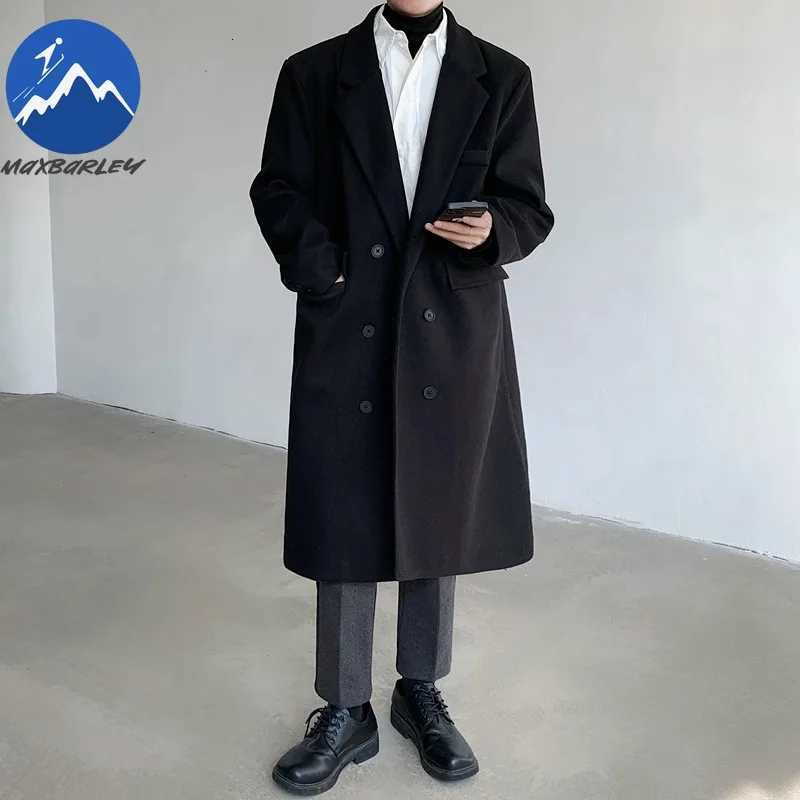 Maxbarley Mid Length Wool Overcoat Men Casual Loose Korean Style Fleece Lined Woolen Coat Trendy Turndown Collar Trench Coat M251208