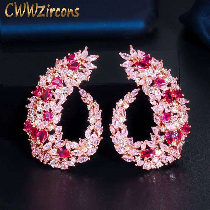 Cwwzircons Rose Gold Plated Luxury Popular Geometry Flower Red Cubic Zirconia Big Wedding Earring Fashion Famous Jewelry Cz415